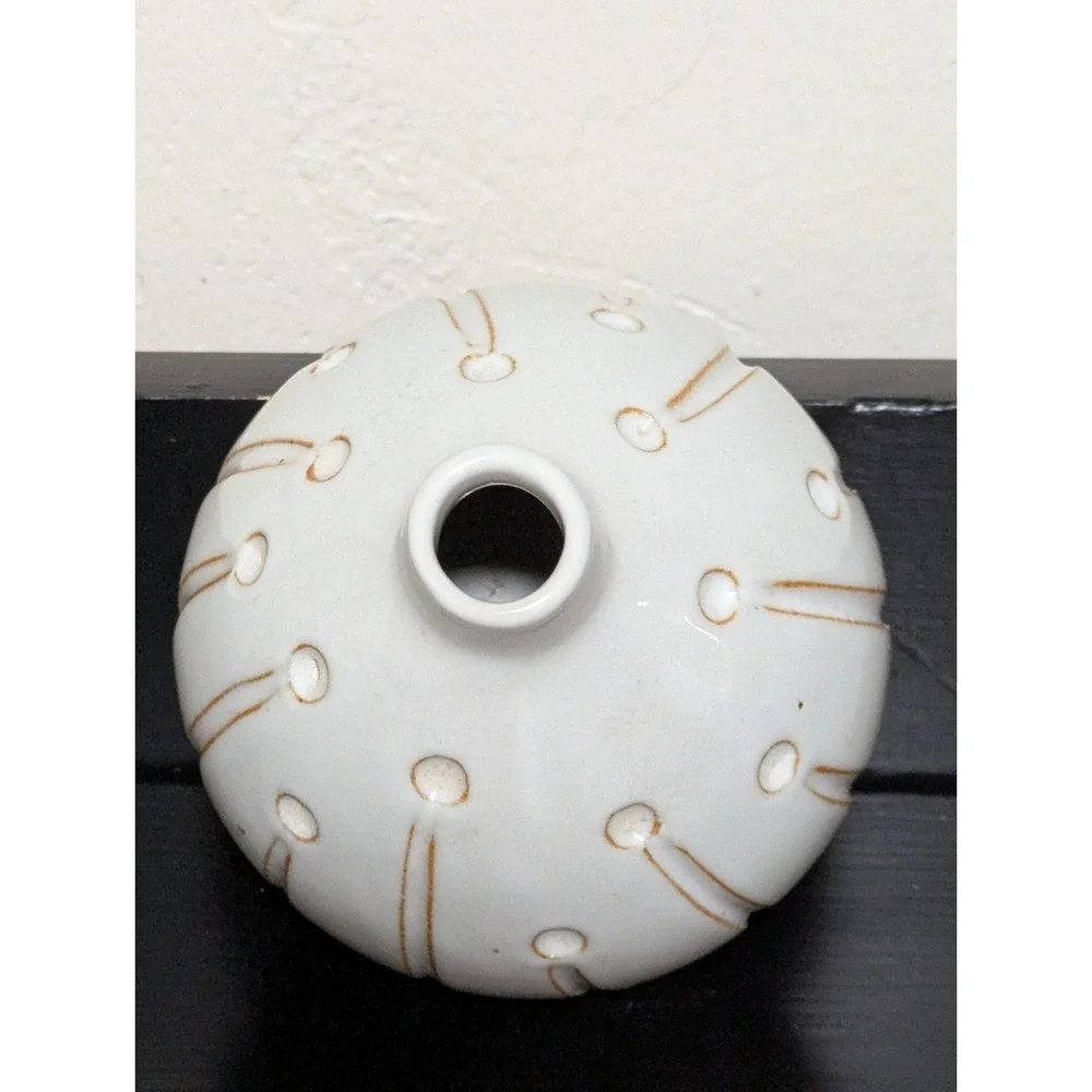 Vintage MCM Neutral‎ Stoneware Bud Vase With Abstract Floral Motif Glossy Finish